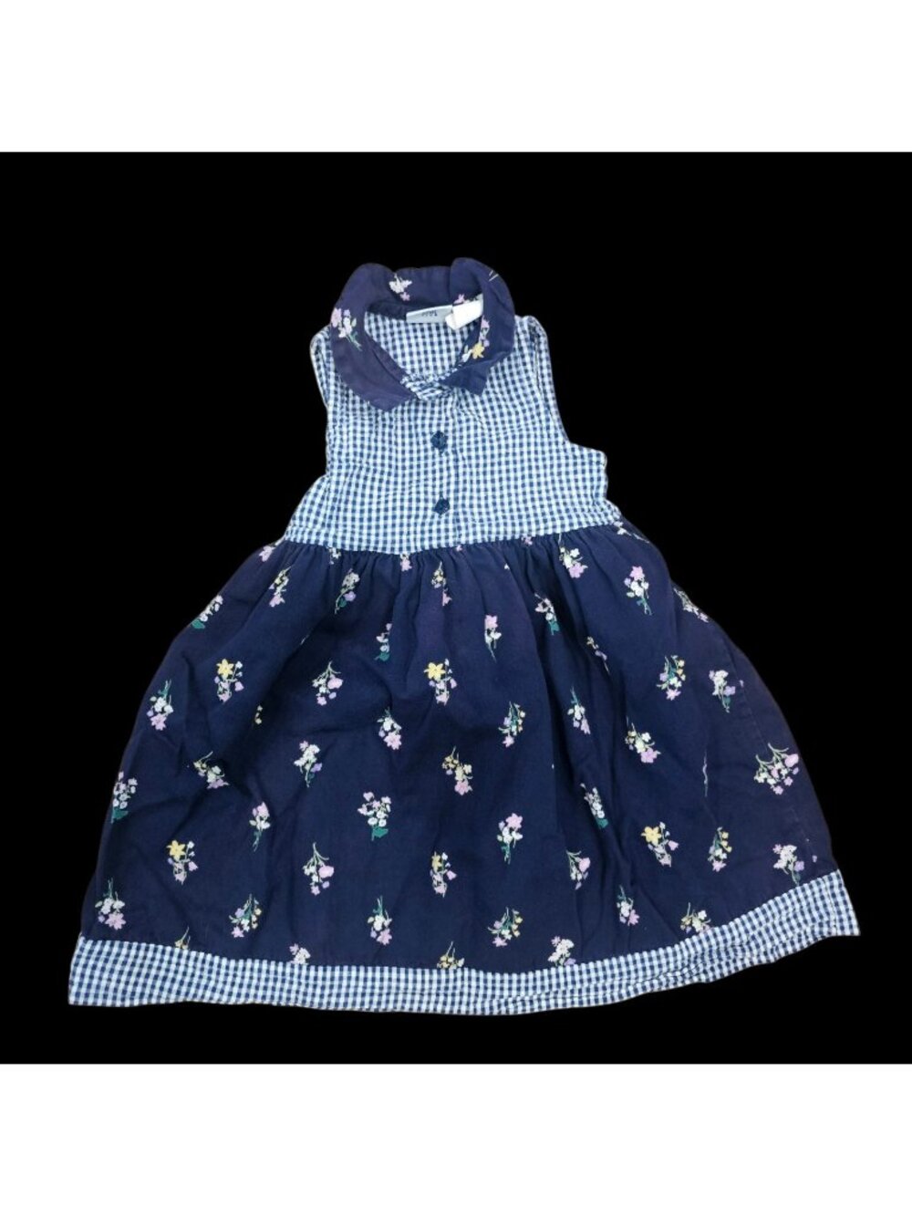 VTG Sz 3T 4T Navy Blue Floral Plaid Dress Sleeveless Cotton 90s Y2K